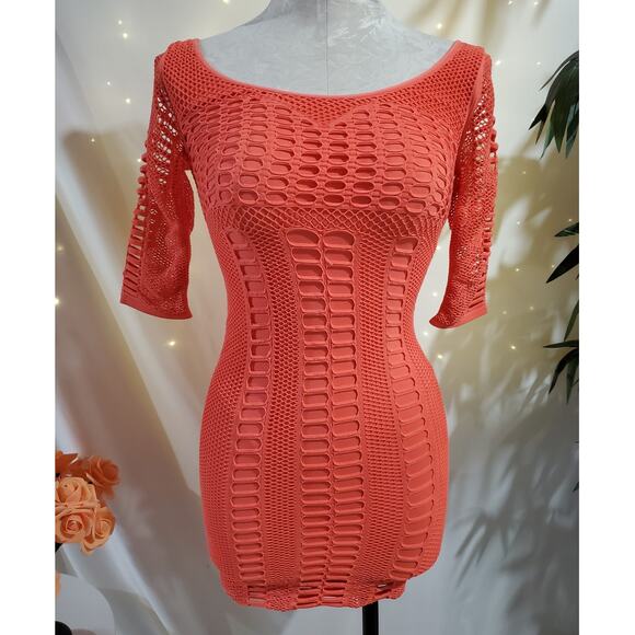 Bebe Mesh Open Stretch Knit Bodycon Mini Dress Womens Size S Coral Rave Club - Picture 1 of 9